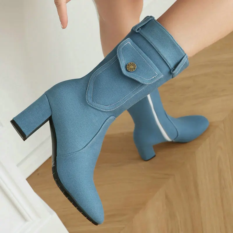 

Denim Jeans Blue Black Mid-calf Women Western Boots With Pocket Square Chunky High Heels Casual Cowgirl Shoes Small Size 33 Bota