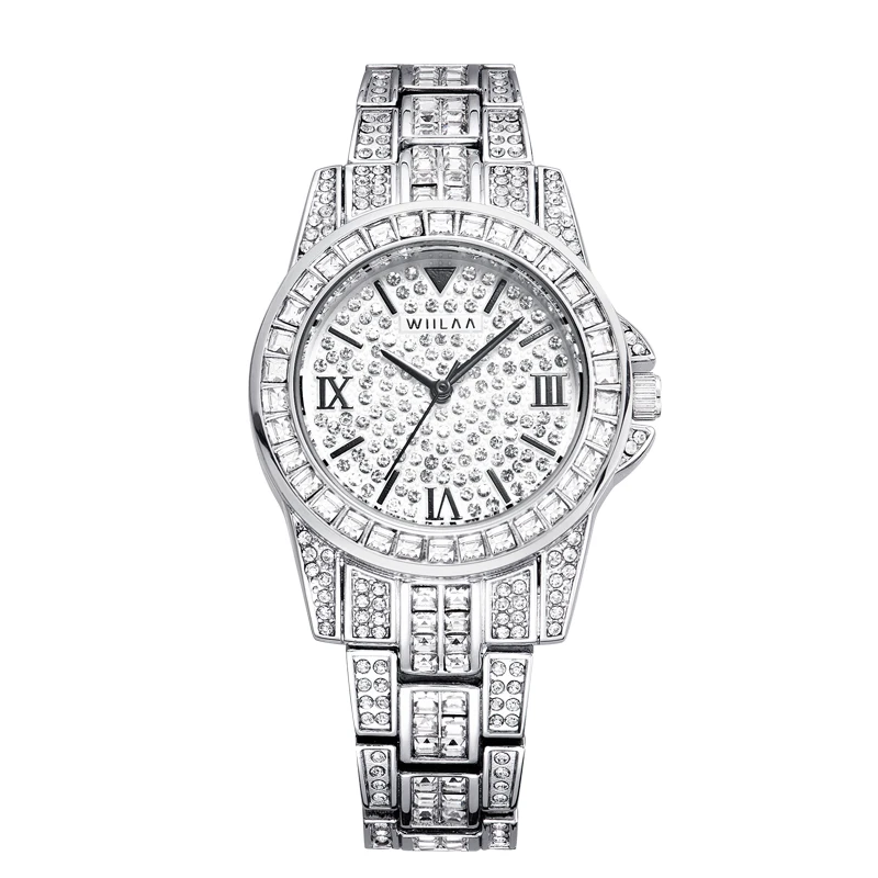 WIILAA Watch For Women Luxury Brand Full Diamond Ladies Quartz Wristwatches Clock White Steel Strap Fashion Waterproof Watches