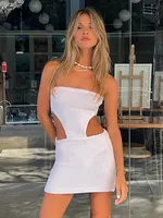 Strapless Knit Bodycon Dress Beach WoWhite Hollow Out Summer Sleeveless Mini Party Dresses Sexy Backless