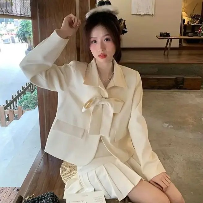 Women Skirt Sets Lace Up Bow Tie Blazer+High Waist Pleated Skirt Solid Color Temperament Sweet Commute Two Piece Lady Clothing