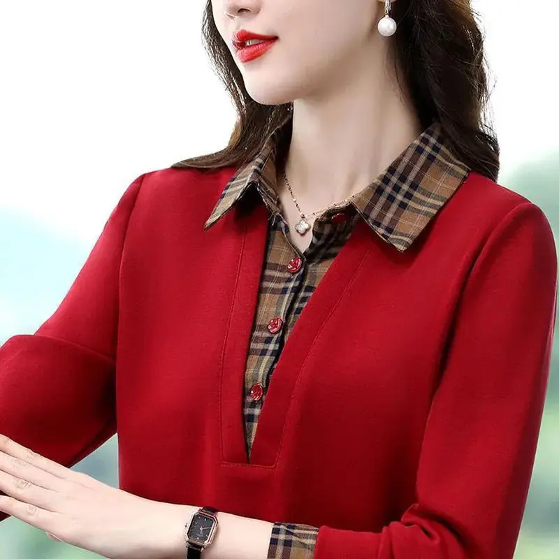 2023 Spring and Autumn Women's Plaid Turn Down Collar Long Sleeve Fake Two Pieces Pullovers Fashion Casual Commute Tops