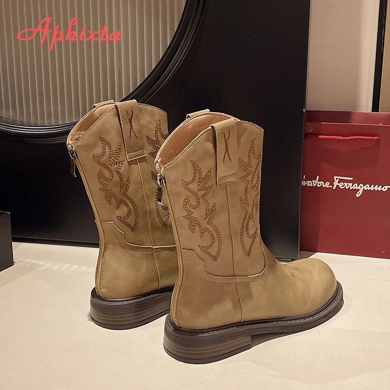 Aphixta Mid-Calf Modern Boots 3.5cm Square Heel Totem Design Back Zip Woman Shoes Round Toe Brown Big Size 42 Western Boot