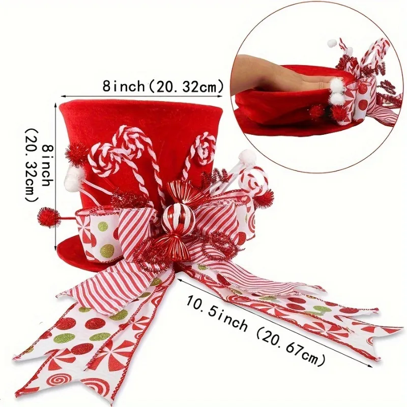 1pc Classic Christmas Tree Top Hat with Candy Bar Bow Ribbon Decoration for Christmas Tree or Table Decorating