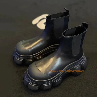 Thick Soled Round Toe Black Boots Women Fashion Real Leather Slip on Chelsea Short Boots  2023 New Designer Top Quality Shoes