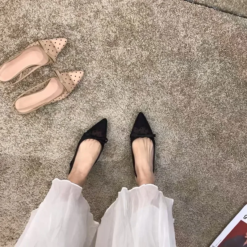 Sandals Women Flat Baotou 2024 Mesh Breathable Bow-knot Sandalias Fashion Summer Low Heels Pointed Shoes Female Chaussure Femme