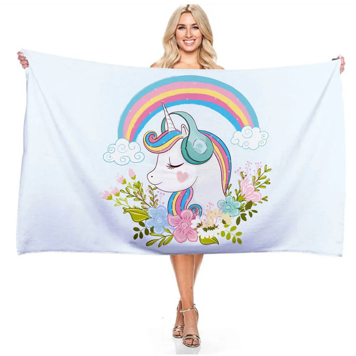 Cartoon Gradient Flower Unicorn 3D Digital Print Rectangular Beach Towel for Boys and Girls Outdoor Swimming Bibulous Bath Towel bath towels