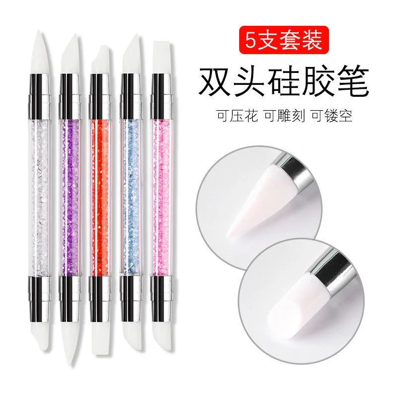 5Pcs Nail Art Silicone Brush Carving Painting Pencil 10 Tips UV Gel DIY Polish Dual-head Mirror Powder Sculpture Manicure Tool