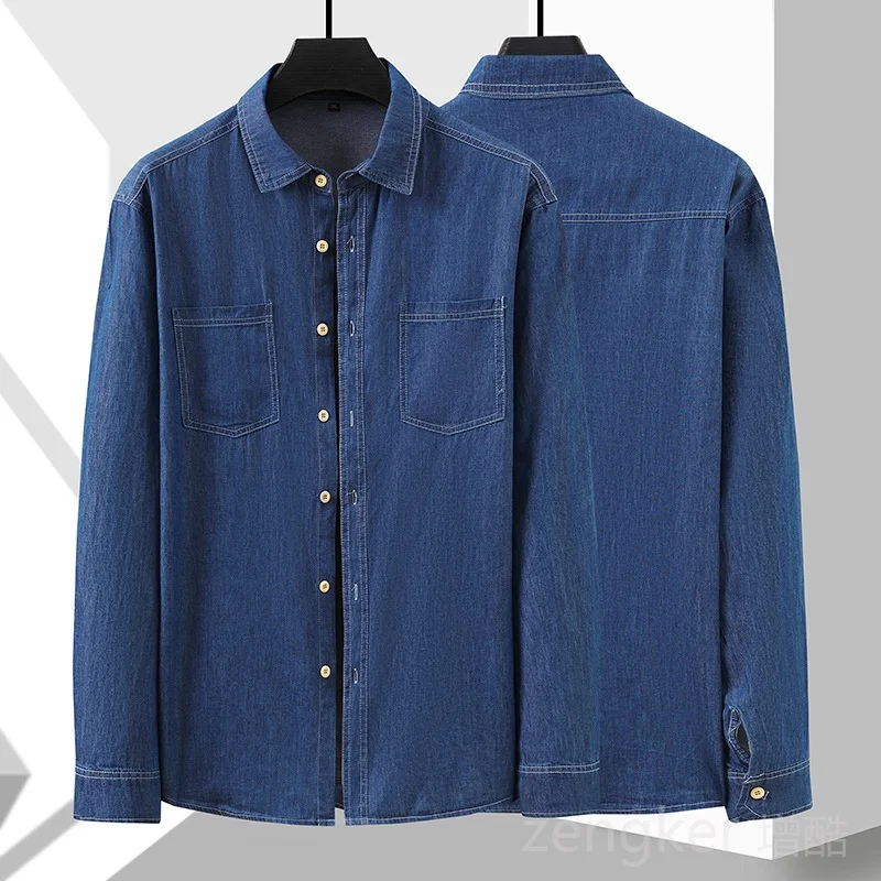 Spring Autumn Men's Double Pockets Long-Sleeved Cotton Denim Shirt Big Size Casual Bottoming Loose Denim Shirts For Men 8XL 7XL
