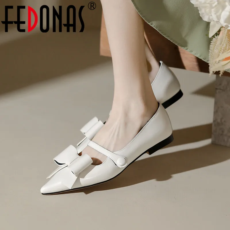 

FEDONAS Fashion Pointed Toe Women Flats Sweet Butterfly-Knot Genuine Leather Mary Janes Dress Party Shoes Woman Spring Autumn
