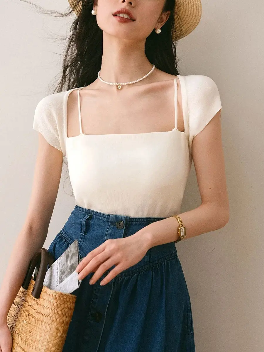 

Однотонная вязаная футболка с квадратным вырезом, новинка, женские простые футболки с коротким рукавом, высокий эластичный кроп-топ для девочек, лето