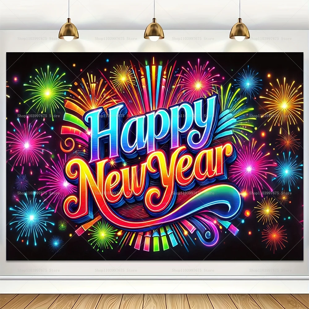 Description Picture 5 of item2025 Happy New Year Photo Backdrop Neon Glow Firework Ballon Graffiti Background Family Eve Party Decor Poster Banner Booth Prop