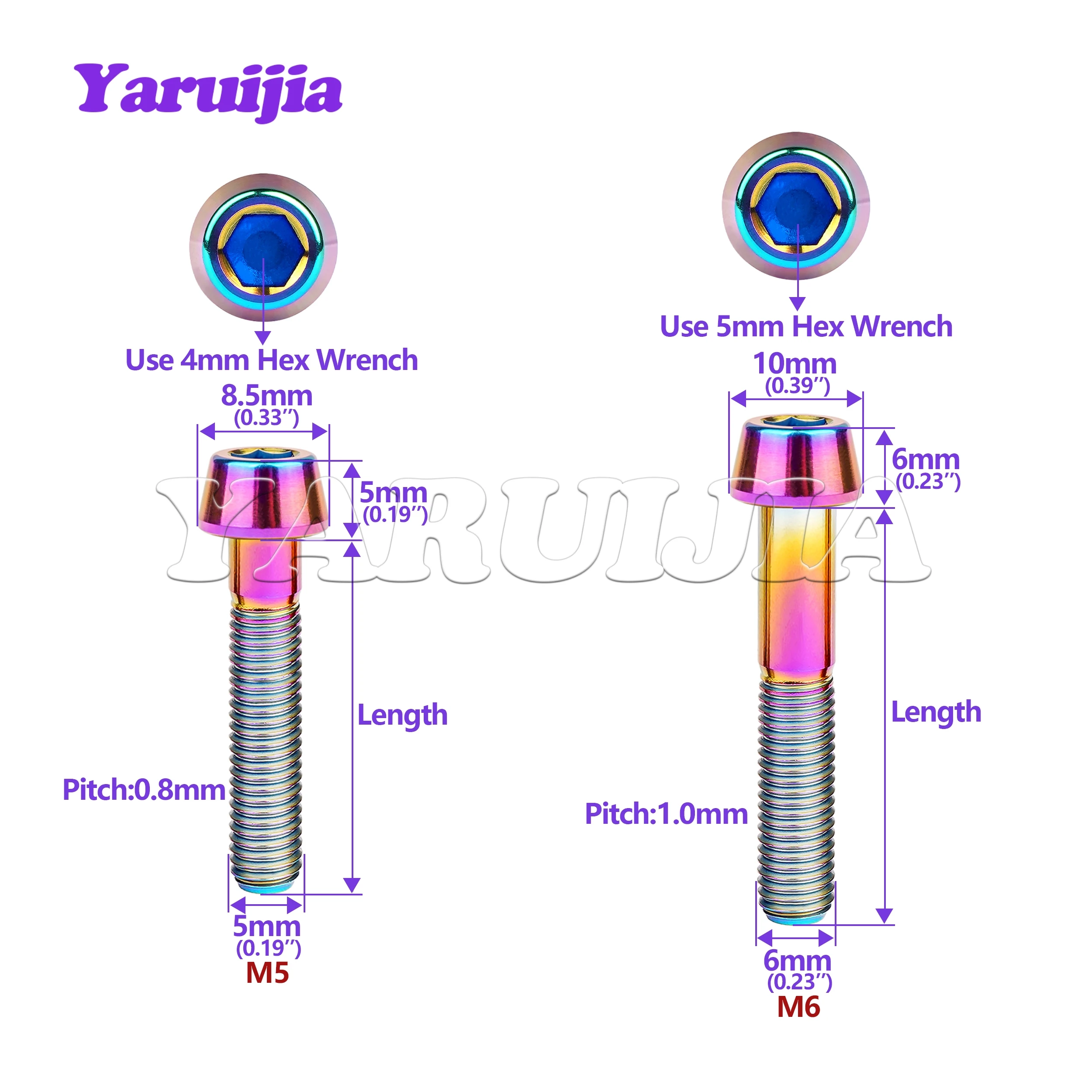 Yaruijia Titanium Bolt M5/M6/M8x9/10/15/16/18/20/25/30/35/40/45~ 65mm Allen Key Taper Head Bolt Screw for Bicycle Headset Brake titanium bolts