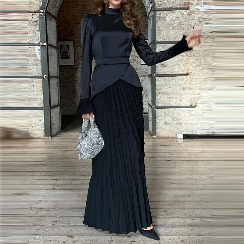 

2023 Autumn New European And American Temperament Solid Color Fashion Patchwork Design Round Neck Pleated Long Skirt Female 438
