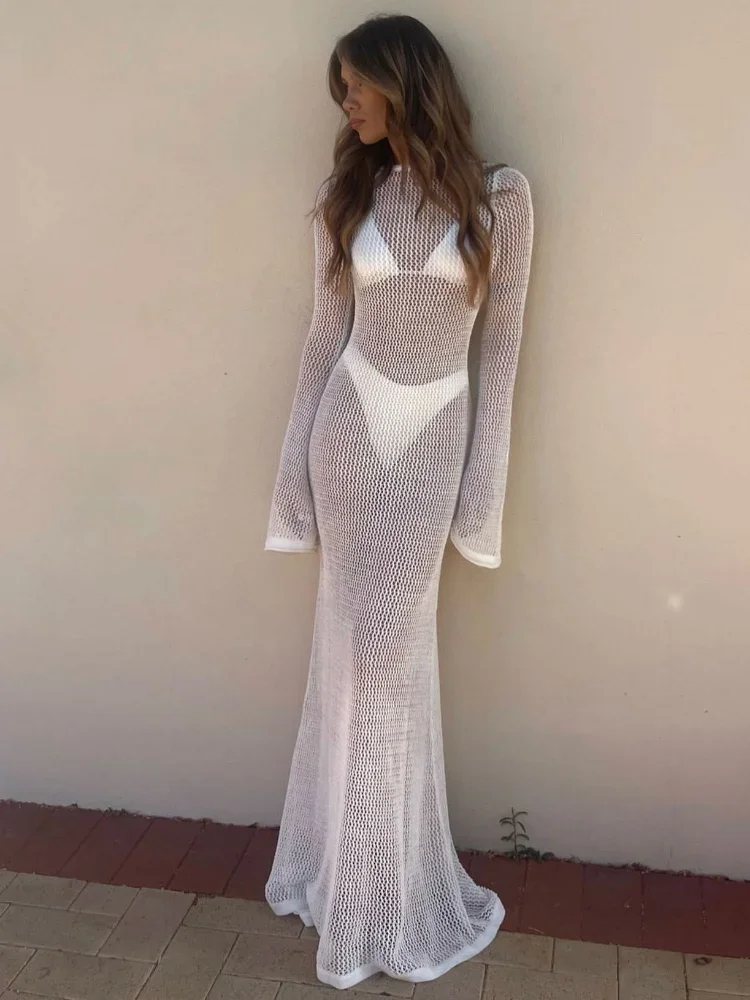 

Long Sleeve Knit Beach Dress Women Sexy See Through Slim Maxi Dress Summer Elegant Solid Backless Long Dress Holiday Outfit 2024