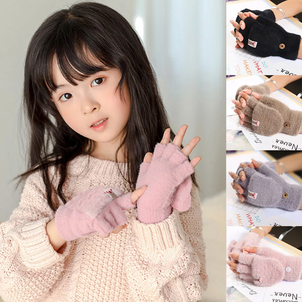 

Fashion Women Solid Color Unisex Outdoor Knitting Imitation Mink Velvet Plush Flip Gloves Flap Cover Warm Half Finger Gloves