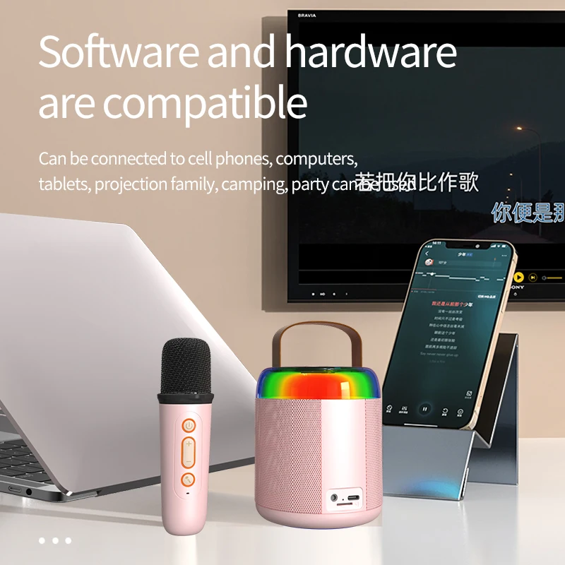 Basix 노래방 기계 휴대용 사운드 스피커, 블루투스 5.3 스피커 시스템, 마이크 포함, 가정 가족 노래, 어린이 선물