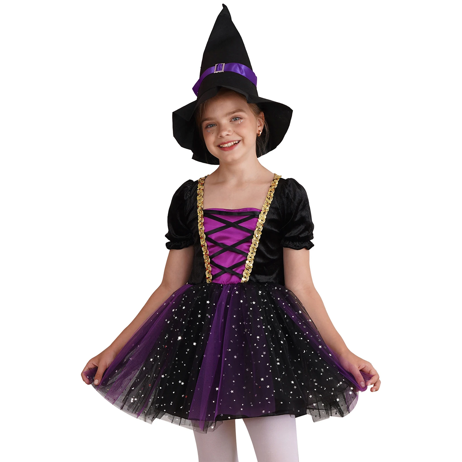 Halloween Witch Vampire Cosplay Costume Kids Girls Short Bubble Sleeve Glittery Mesh Tutu Dress+Pointed Hat Set for Performance 2pcs set kids childrens halloween costume witch cloak cape and hat cosplay prop