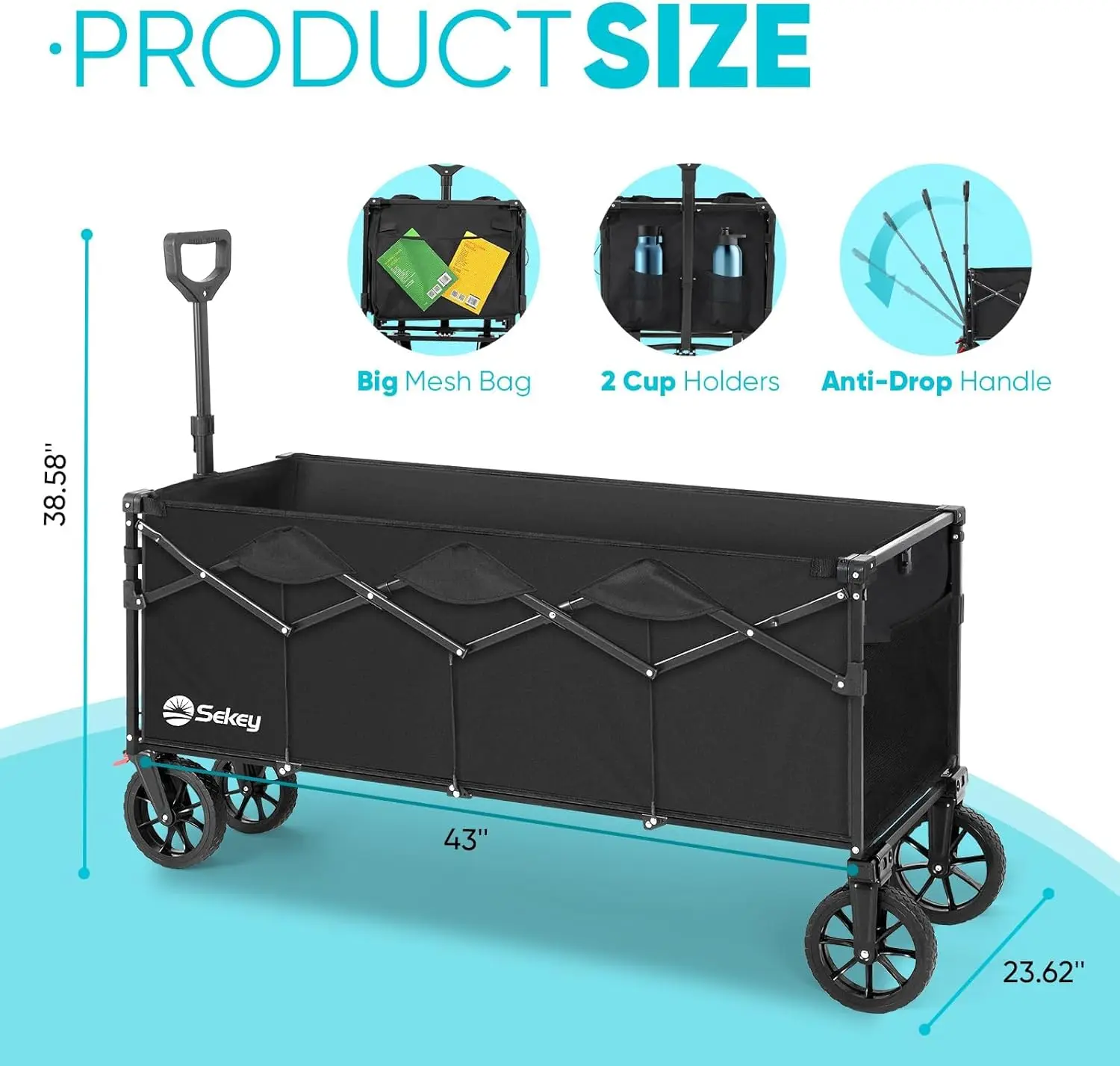 Sekey 43" Extended Collapsible Wagon 400L Large Capacity 440LBS Heavy Duty Folding Utility Garden Cart with All-Terrain Wheels