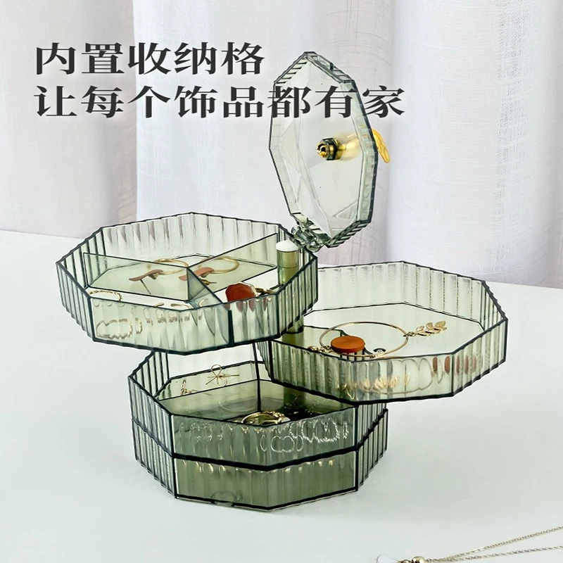회전 보석 보관 상자 메이크업 보관함 팔찌 귀걸이 라운드 플라스틱 주최자 상자 커버가있는 홀더 디스플레이 랙