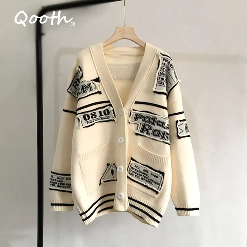 

Qooth Letter Patch V-Neck Single Breasted Cardigan Spring Autumn Winter Thick Knitted Long Sleeve Cardigan Causal Cardigan QT637