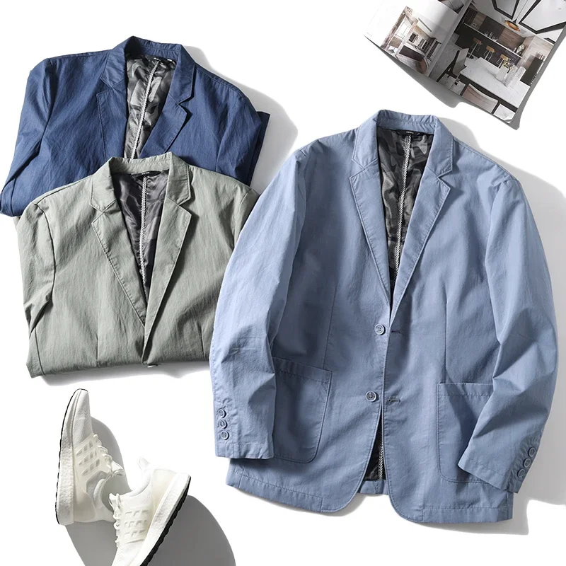 Suit Jacket Men Clothing Single Breasted Pocket Casual Blazer Spring Summer Fashion Thin Solid Long Sleeve Sunscreen Tops