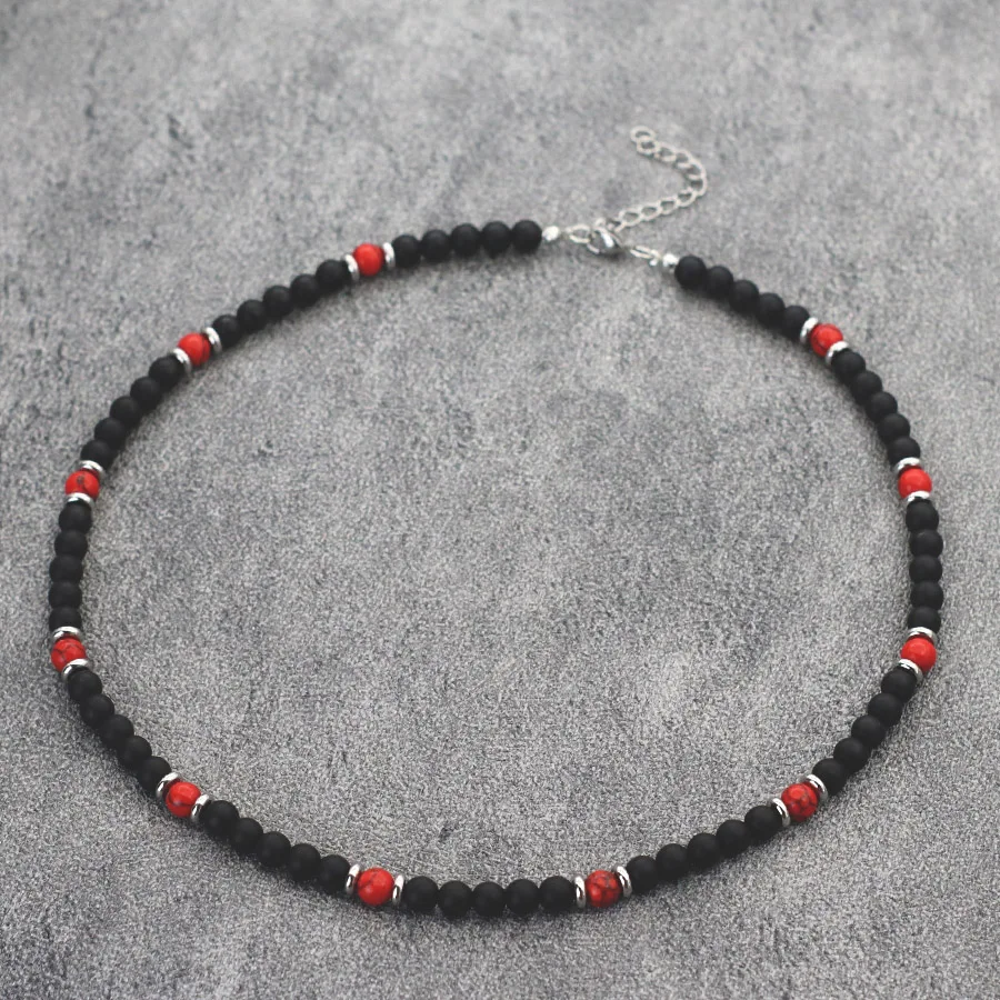 Men Natural Stone Necklace Stainless Steel Buckle Onyx Tiger Eyes Lava Beads