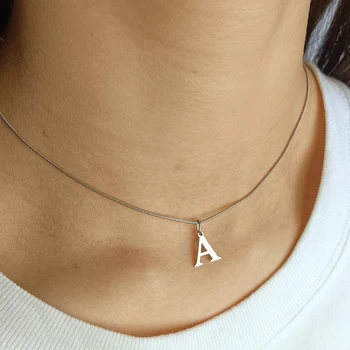 Women's silver Choker neck plated necklace neckband stainless steel chain with 26 initials letter pendant simple jewelry gift 1