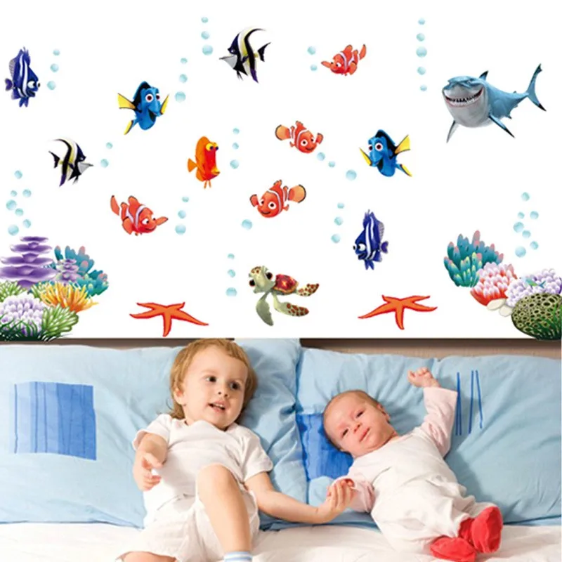 Cute Sea Star Nemo Fish Turtle Shark 3D Vinyl Wall Stickers Home Decoration for Kids Rooms Kitchen Bathroom Seabed Anime Poster