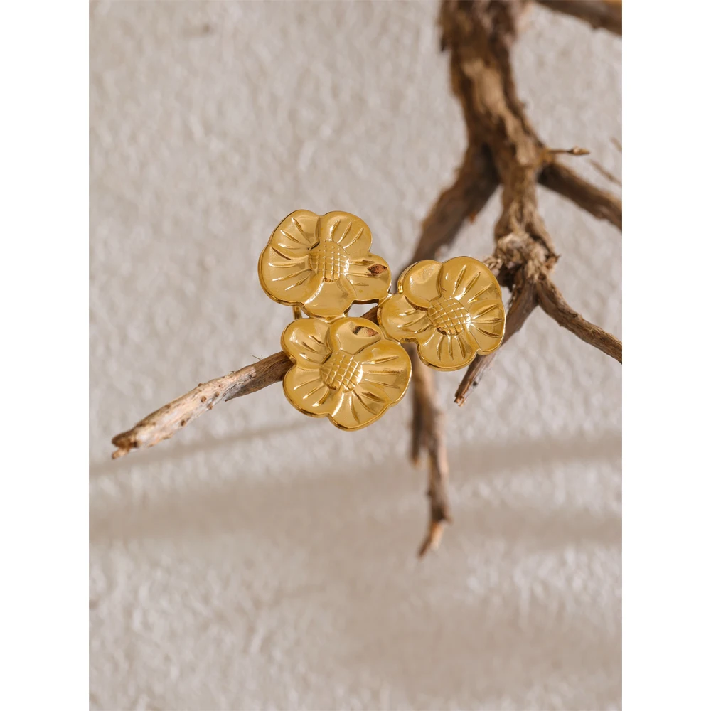 Yhpup 18K Golden PVD Plated Stainless Steel Flower Open Ring