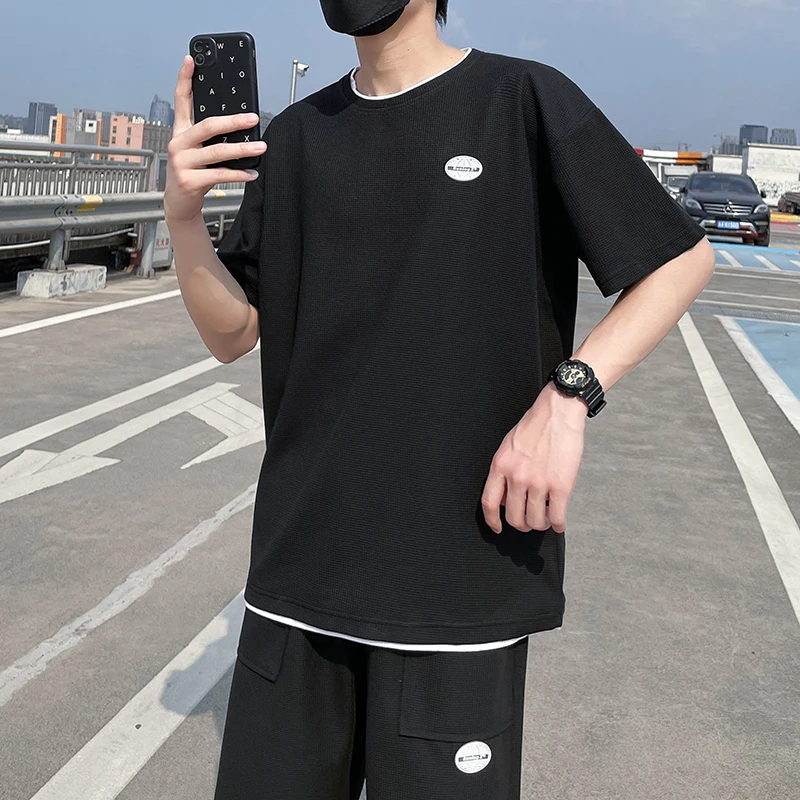 

Summer Short Sleeve Sets Men 2022 New Solid Color Loose Men Tracksuit Round Neck T-shirt Top + Casual Shorts Men Suit 2 Pcs/Set
