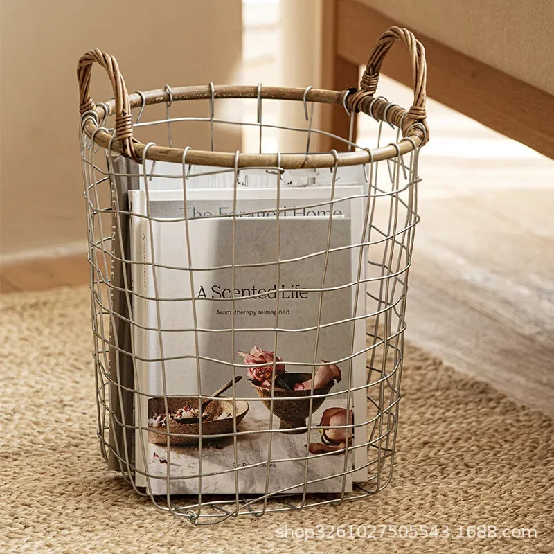 Retro Minimalist Wrought Iron Mesh Storage Basket Woven with Rattan and Iron Wire Pure Handmade Hand-held Storage Basket 3