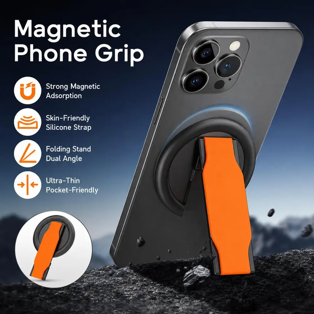 Magnetic Silicone Grip Foldable Phone Holder with Hand Strap
