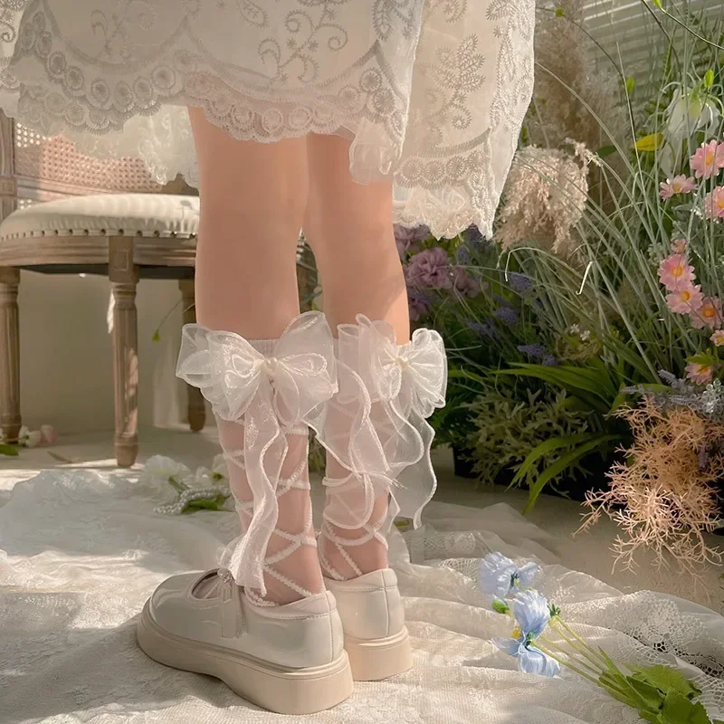 Summer Kawai Kids Girls Transparent Calf Socks Black White Striped Bow Ribbon Sock for Children Lace Cute Korean School Sock