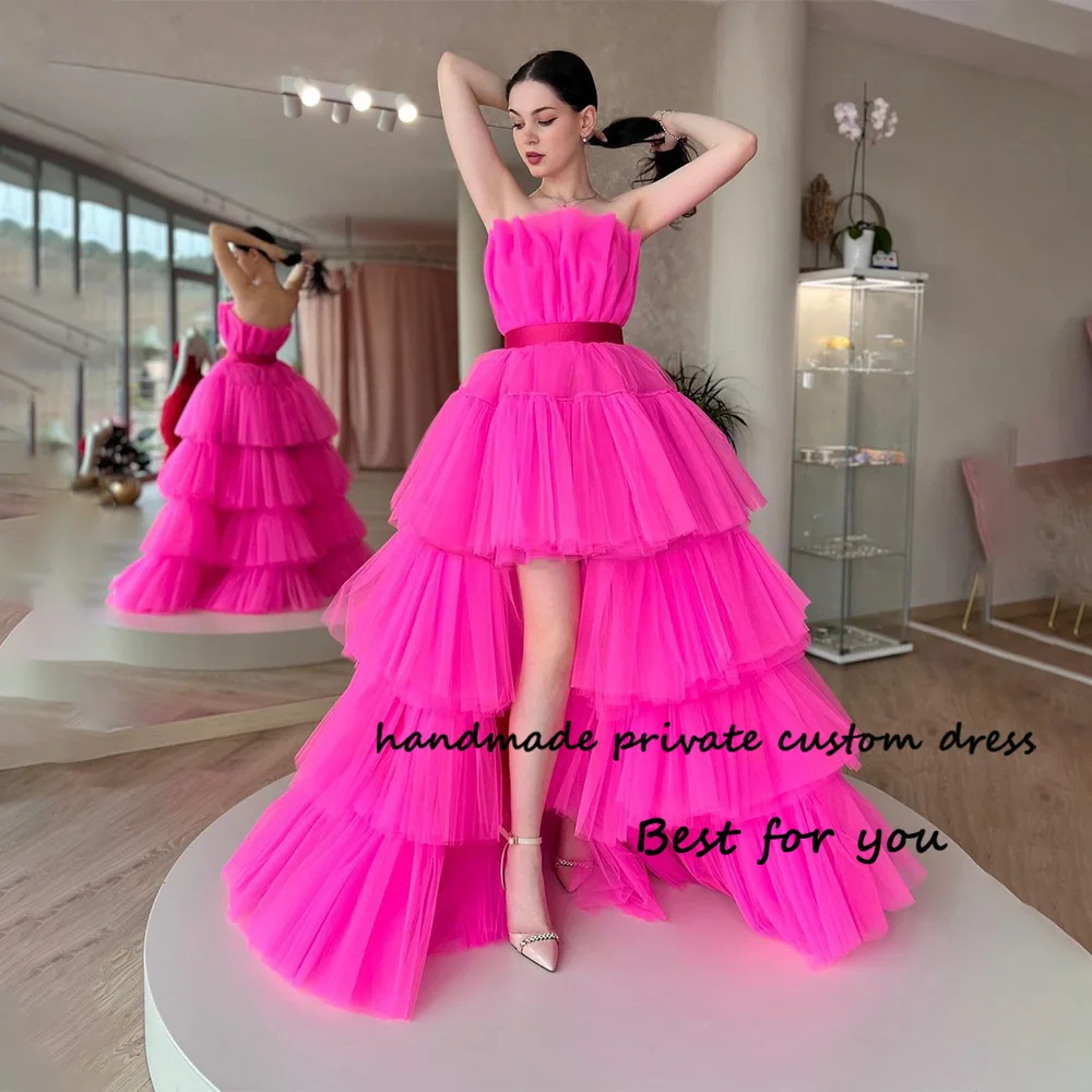

Hot Pink Tulle High Low Prom Dresses Tiered Pleats Strapless Evening Party Dress Detachable Train Long Celebrate Occasion Gowns