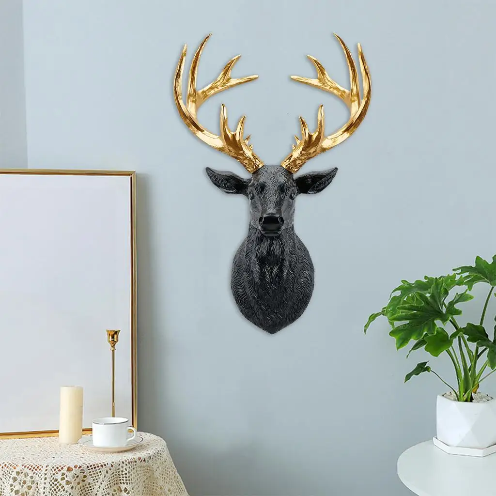 Faux Deer Head Antlers Statue Figurines Sculpture Wall Mount Bust Art Resin