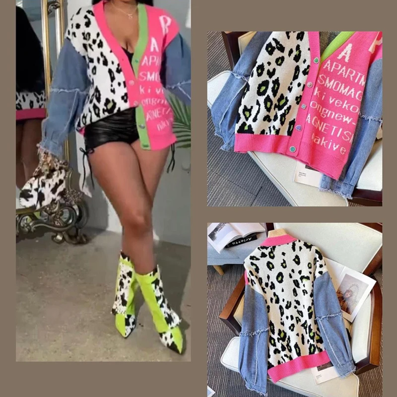 

Женский джинсовый кардиган в стиле пэчворк, модный уличный кардиган оверсайз с цветными блоками и принтом в виде букв, зима 2023