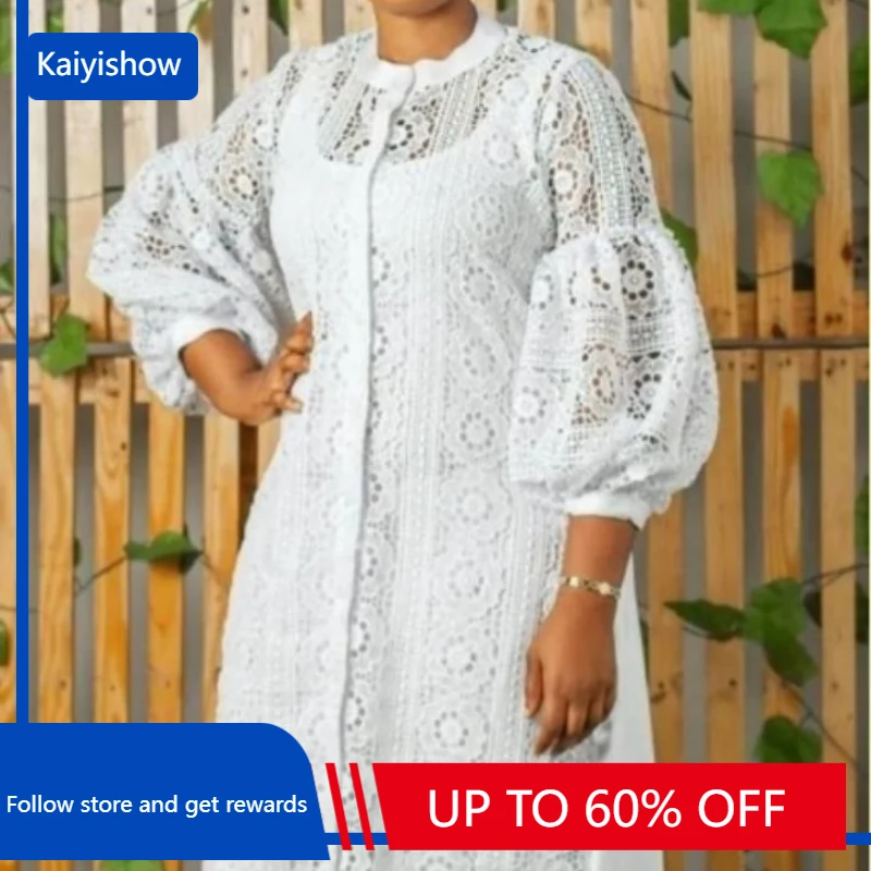 White African Dresses for Women 2023 Autumn African Fashion Puff Sleeve O-neck Party Evening Midi Dress Dashiki African Clothing african women top and mermaid skirt sets bazin riche african print puff sleeve women 2 pieces skirts sets party clothing wy8459