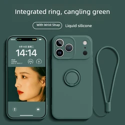 Liquid Silicone Phone Case with Ring Holder, Wrist Strap, and Shockproof Protection - iPhone 15 Plus (Dark Green)