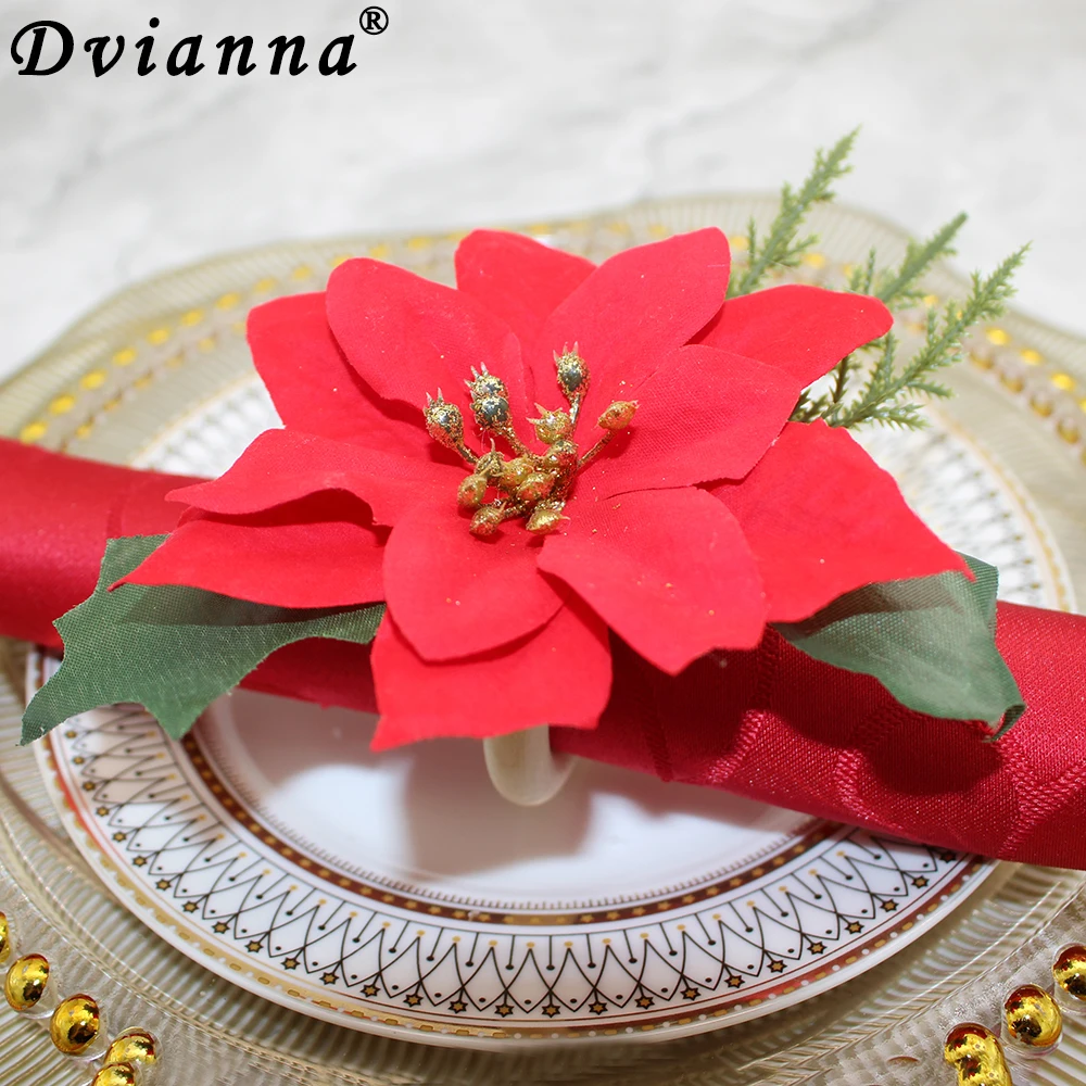 

12Pcs Artificial Poinsettia Napkin Rings Red Floral Napkin Holder for Christmas Wedding Party Home Table Decorations HWC170