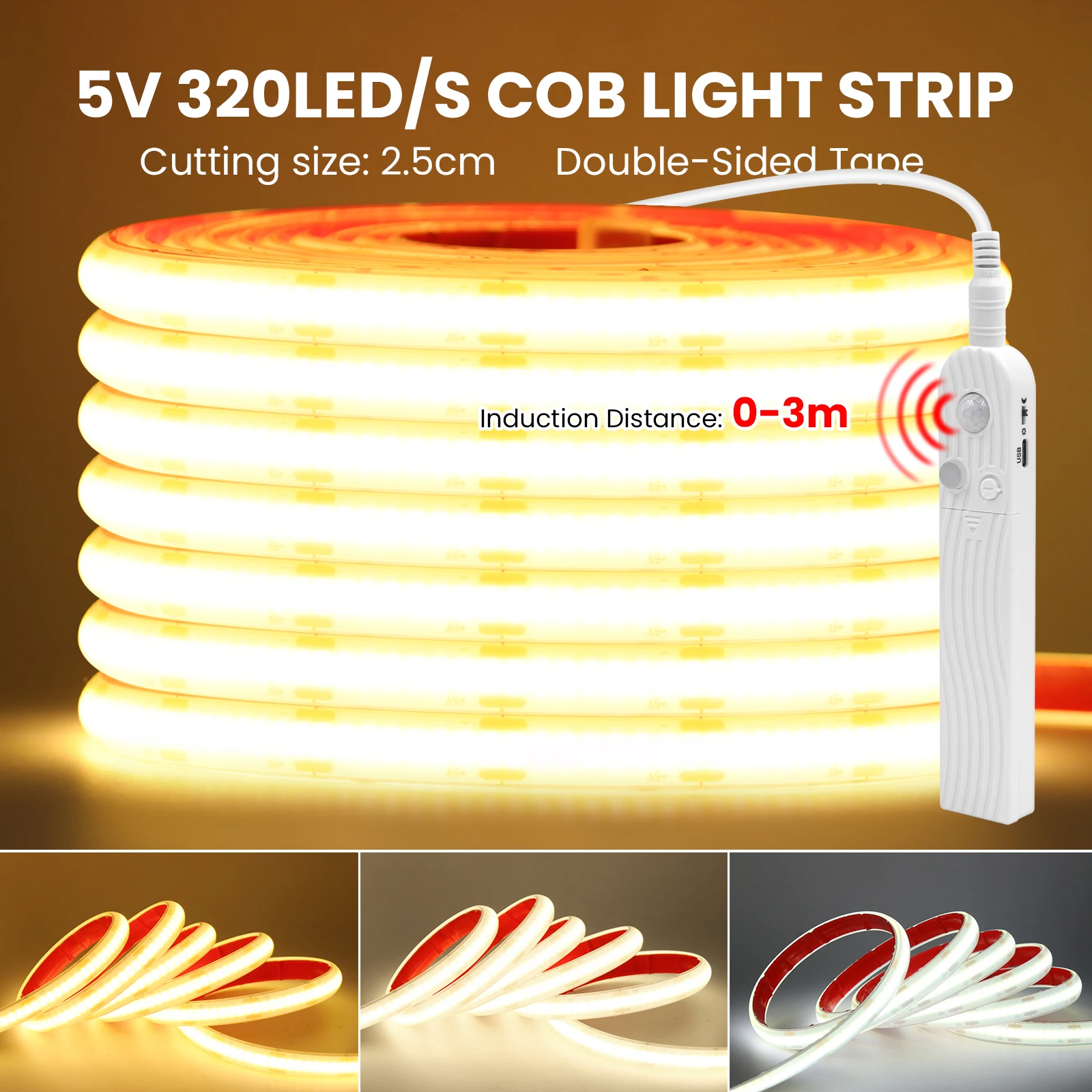 배터리 구동 5V LED COB 라이트 스트립 모션 센서 유연한 다이오드 테이프 320LED/m IP68 방수 선형 조명 백라이트
