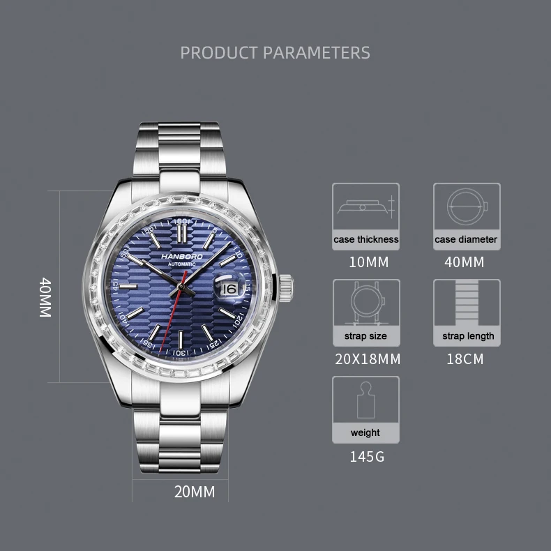 HANBORO Men Automatic Watch 40mm Top Luxury Brand Mechanical Wristwatch Waterproof Luminous Crystal Bezel Date With Magnifier