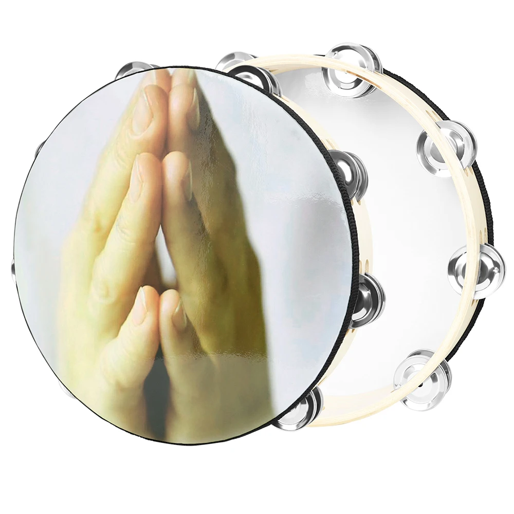 10 Inch Tambourine Double Row Sheepskin Handbell Palm Hand Drum Education Tambourine Drums Musical Percussion Instrument