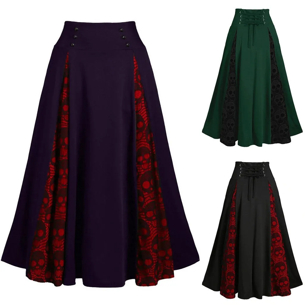 

Women Plus Size Lace Patchwork Printed Pattern High Waist Midi Skirt Gothic Pleated Skirt Elegant Social Women'S Skirts Faldas