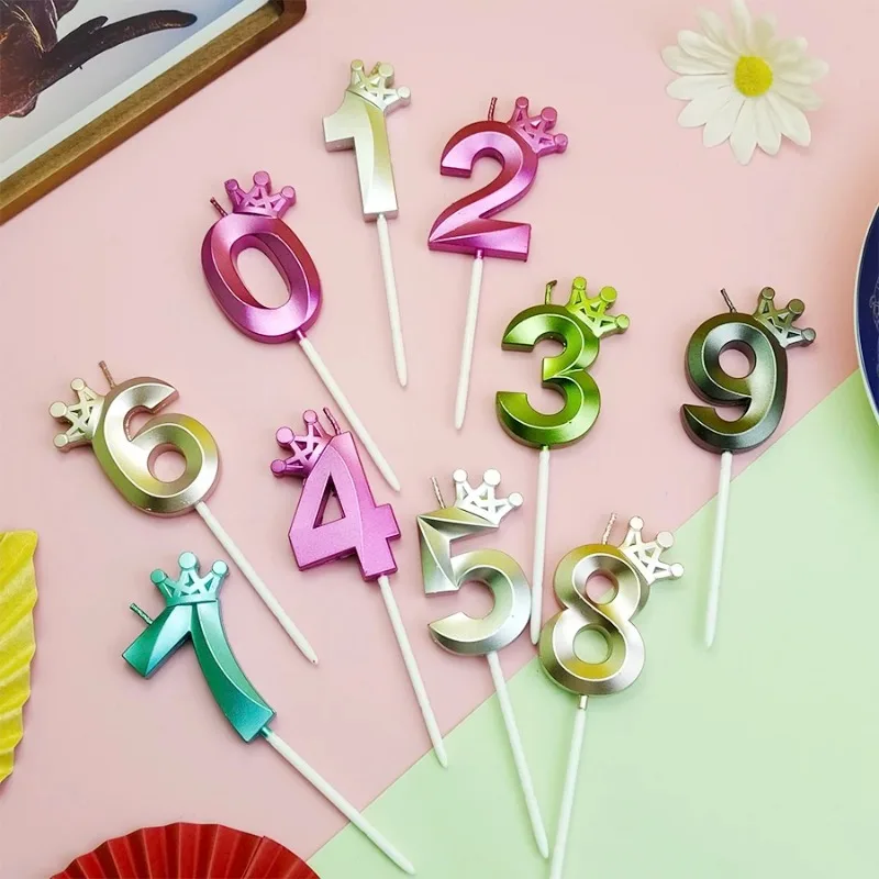 Crown Rose Diamond Birthday Candles 0-9 Digital Cake Topper Number Wedding Cakes Dessert Decor Birthday Party Supplies