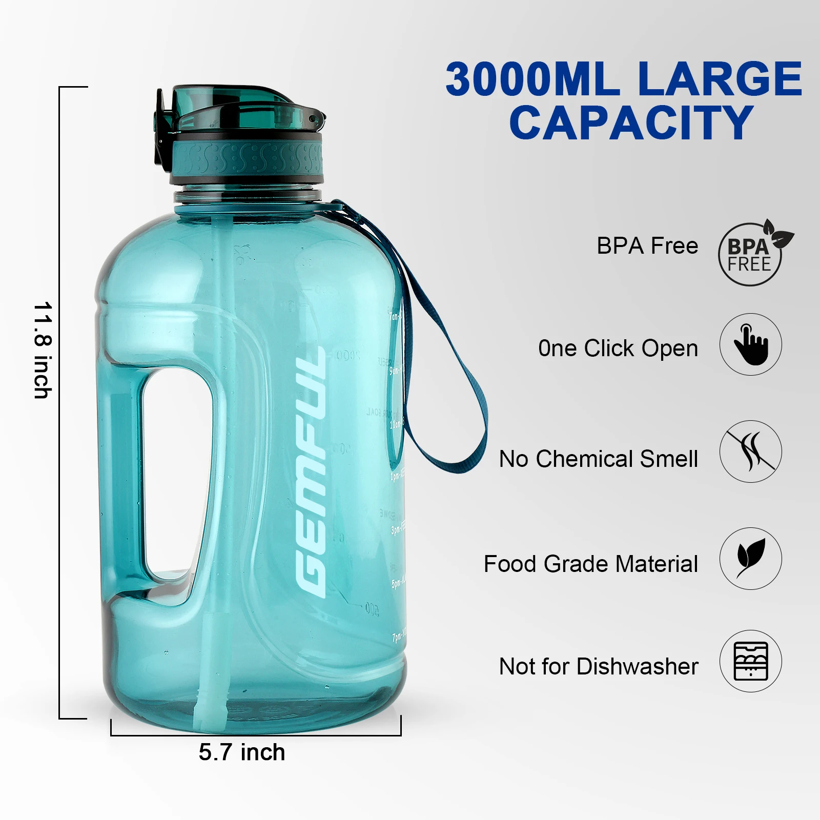 GEMFUL 3 Liter Large Water Bottle Inspirational BPA Free with Time Marker and Straw Portable Jug for Outdoor Sports and Fitness
