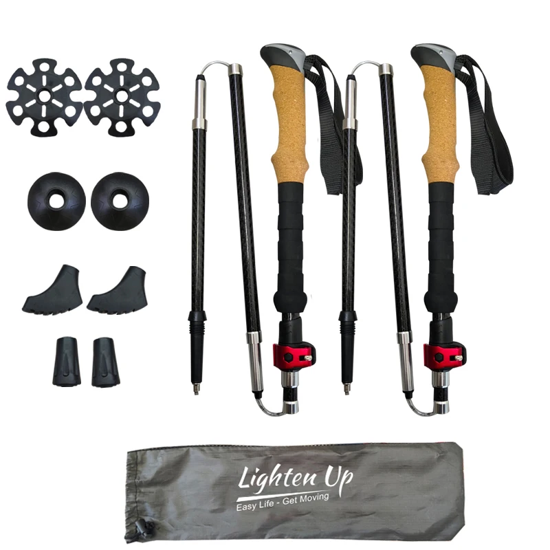 HUINING Bastone da trekking con manico in sughero, pieghevole, telescopico, bastoni da nordic walking per uomo e donna, bastoni da trekking, ultraleggeri in alluminio con molti accessori, 115