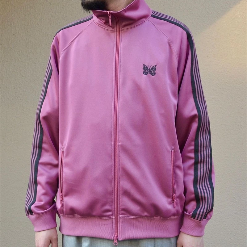 

AWGE Logo Pink Stripe Needles Jacket Men Women Korean Fashion Top Quality Butterfly Embroidery AWGE Coats Techwear Jackets