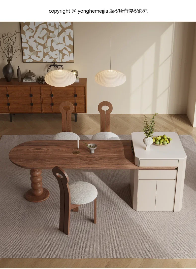 Vintage Kitchen Island Dining Table Set 6 Chairs Integrated Household Retractable Solid Wood Dining Stone Plate Dining Table