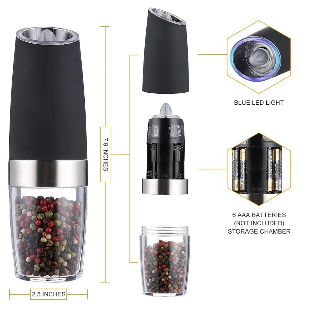 Leeseph Gravity Electric Pepper Grinder Salt Grinder, Adjustable Coarseness Automatic Pepper Mill Salt Mill with LED Light