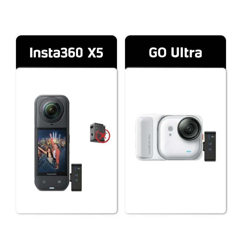 Boîtier du microphone sans fil 2 en 1 pour Insta360 X5/X4/Go Ultra, ouvert montrant l'émetteur et le récepteur.